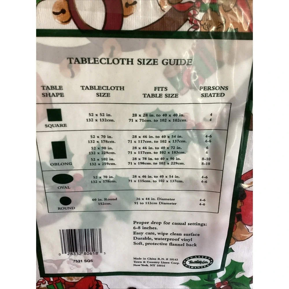 Holiday Classics Santa Christmas Flannel Back Vinyl Tablecloth 52 x 52 Vintage